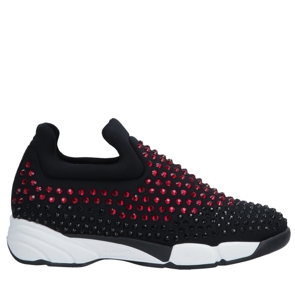 PINKO black and red low-top rhinestone slip ons